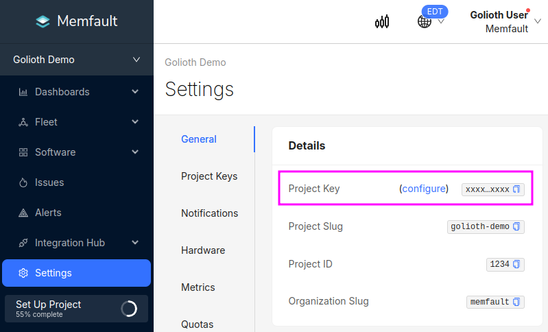 Memfault Project Key: Memfault and Golioth Pipelines Integration