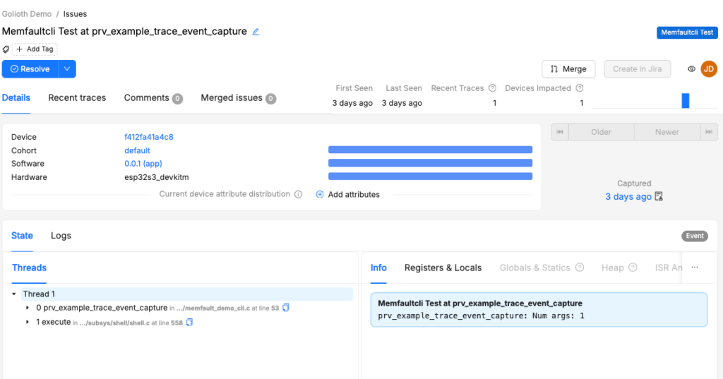 Trace event in Memfault